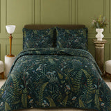 H.PAI Enchanted Forest Mushroom Quilted 3-Piece Bedding Set – Dark Botanical Quilted Bedding With Matching Pillow Shams