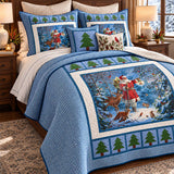 Santa's Winter Woodland Blue Gingham Quilted 3-Piece Bedding Set
