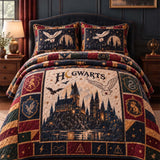 Fantasy Castle Heraldic Emblem Owl Star Quilted 3‑Piece Bedding Set