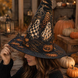H.PAI Gothic Halloween Haunted Pumpkin Handcrafted Quilted Witch Hat