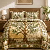 H.PAI Tree of Life Quilted 3-Piece Bedding Set – Vintage Stained Glass Botanical Quilted Bedding With Matching Pillow Shams