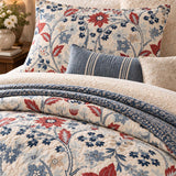 Red Blue Botanical Floral Quilted 3-Piece Bedding Set