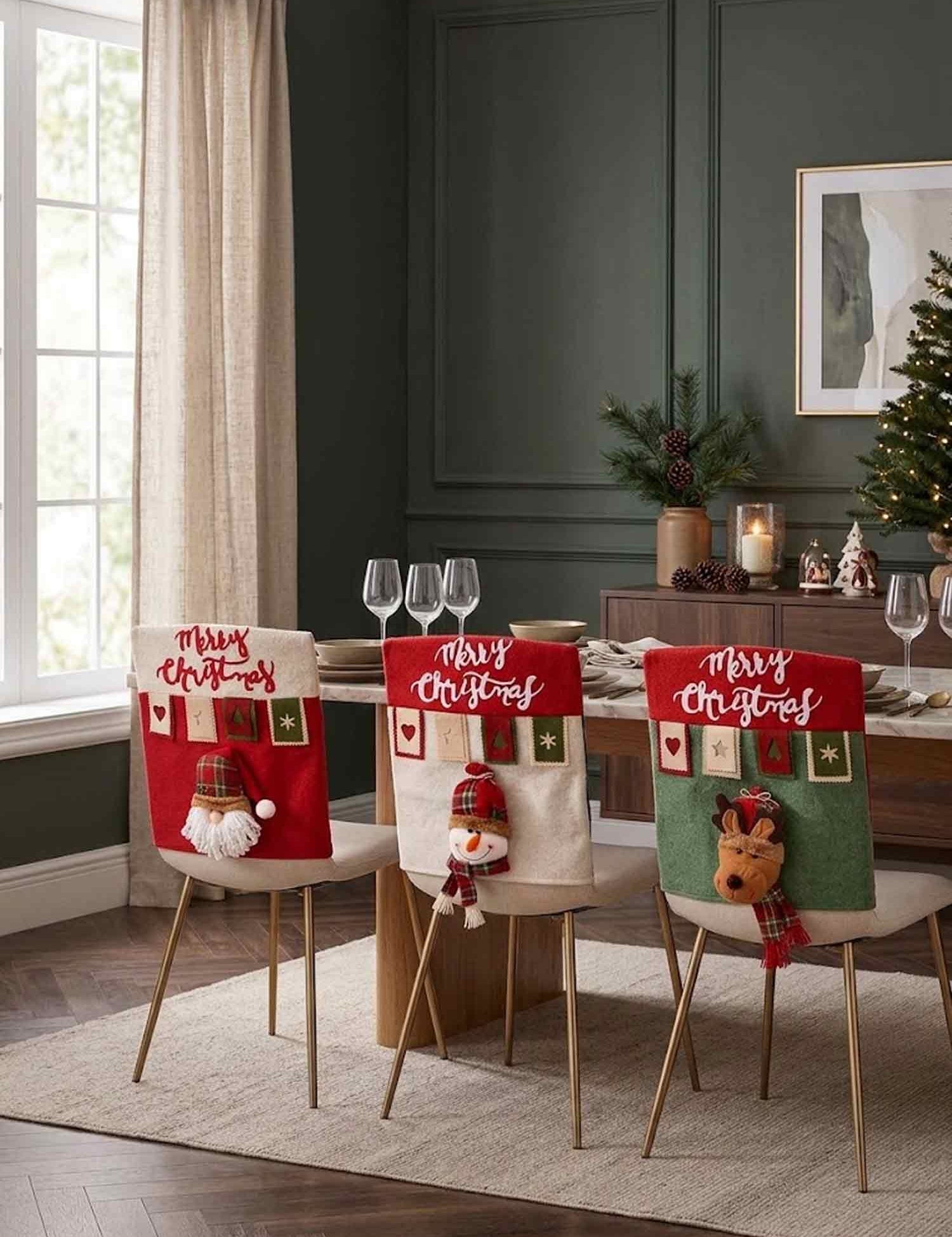 Farmhouse Xmas Dining Chair Back Slipcovers, Santa Snowman Reindeer Chair Decor Covers