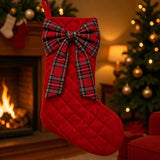 Red Quilted Velvet Christmas Stocking with Plaid Bow
