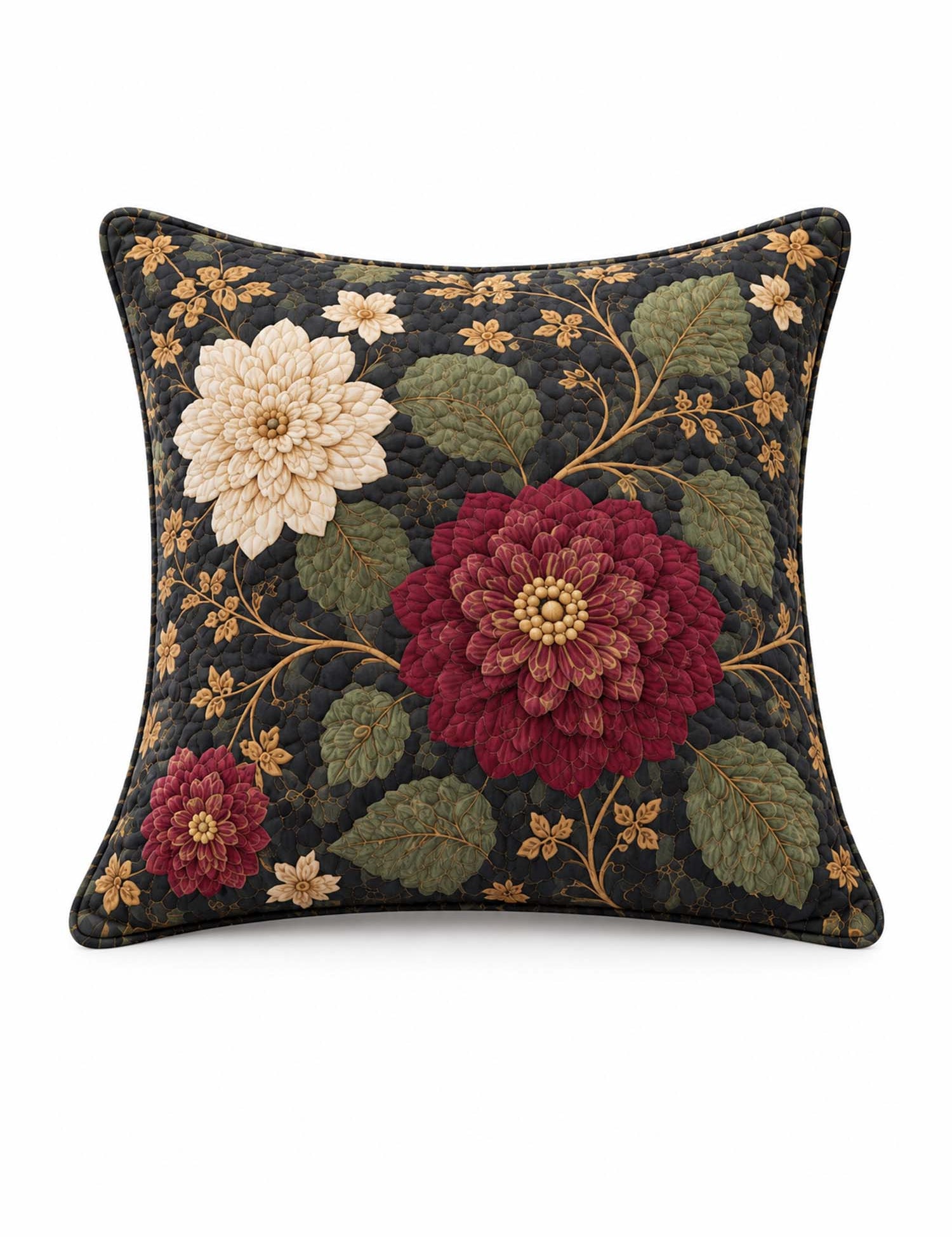 Burgundy Dahlia Dark Floral Quilted Pillow Cover