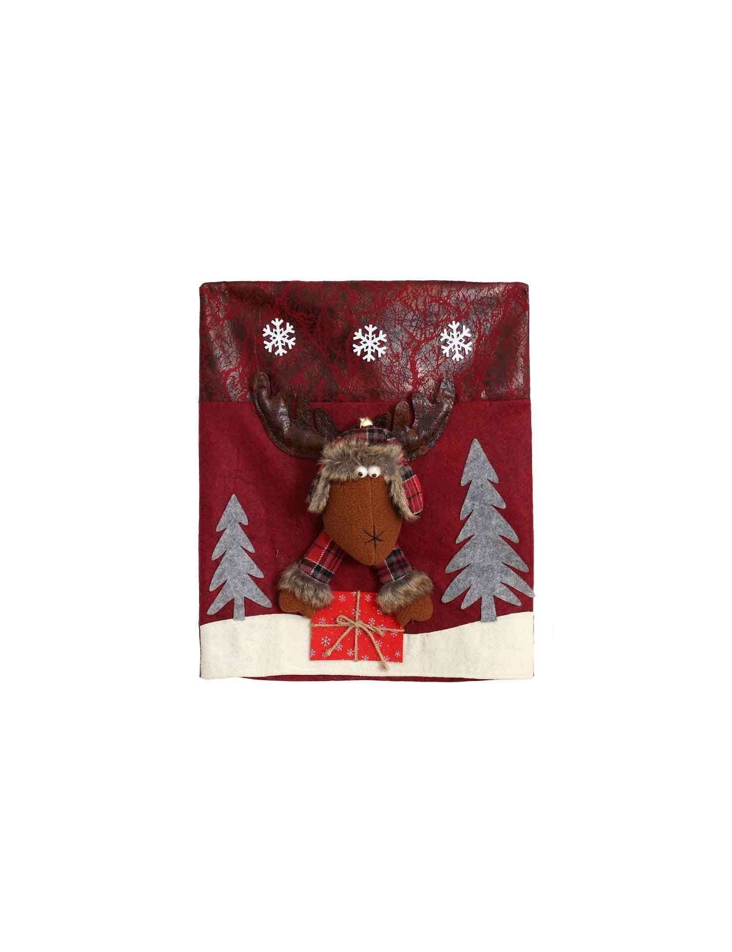 Rustic Red Christmas Reindeer Chair Back Cover, Xmas Dining Chair Slipcover with 3D Elk Doll