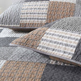 Grey Brown Plaid Patchwork Quilted 3‑Piece Bedding Set