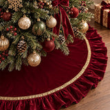 Burgundy Velvet Ruffled Christmas Tree Skirt with Gold Trim