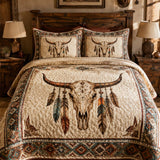 H.PAI Longhorn Skull Western Quilted 3-Piece Bedding Set – Vintage Ranch Style Quilted Bedding with Matching Pillow Shams