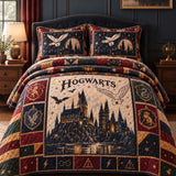 Fantasy Castle Heraldic Emblem Owl Star Quilted 3‑Piece Bedding Set