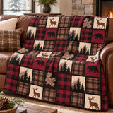Burgundy Bear & Deer Plaid Woodland Quilted Blanket