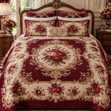 Vintage Burgundy Rose Baroque Quilted 3-Piece Bedding Set