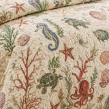 H.PAI Sea Turtle Seahorse Coral Coastal Quilted 3-Piece Bedding Set
