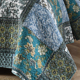 Teal Blue Floral Block Patchwork Quilted 3‑Piece Bedding Set