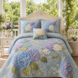 H.PAI Blue Hydrangea Floral Quilted 3-Piece Bedding Set – Luxury Quilted Bedding With Matching Pillow Shams