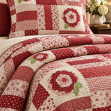 Red Rose Country Patchwork Quilted 3-Piece Bedding Set