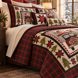 Vintage Christmas Red Truck & Black Cat Plaid Quilted 3-Piece Bedding Set