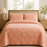 H.PAI Coral Sunburst Pattern Quilted 3-Piece Bedding Set
