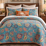 Teal Autumn Bloom Quilted 3-Piece Bedding Set