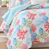 Coastal Coral & Seashell Reversible 100% Cotton Quilted 3-Piece Bedding Set