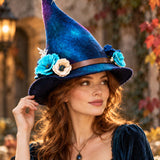 Gothic Blue Floral Spider Web Handcrafted Witch Hat
