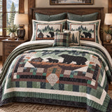Woodland Bear Family Cabin Patchwork-Style Quilted 3-Piece Bedding Set