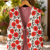 Red Poppy Floral - Reversible Vintage Patchwork Quilted Vest Tie-Front Waistcoat