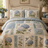 Blue Hydrangea Quilted 3-Piece Bedding Set – Classic Americana Quilted Bedding With Matching Pillow Shams