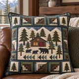 Bear Cabin Woodland Patchwork-Style Quilted Pillow Cover