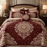 Vintage Burgundy Floral Medallion Quilted 3-Piece Bedding Set