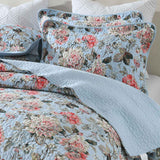 Light Blue Vintage Rose Floral Quilted 3‑Piece Bedding Set