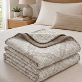 Vintage Beige Floral Jacquard Quilted Throw Three‑Layer Gauze Cotton Blanket
