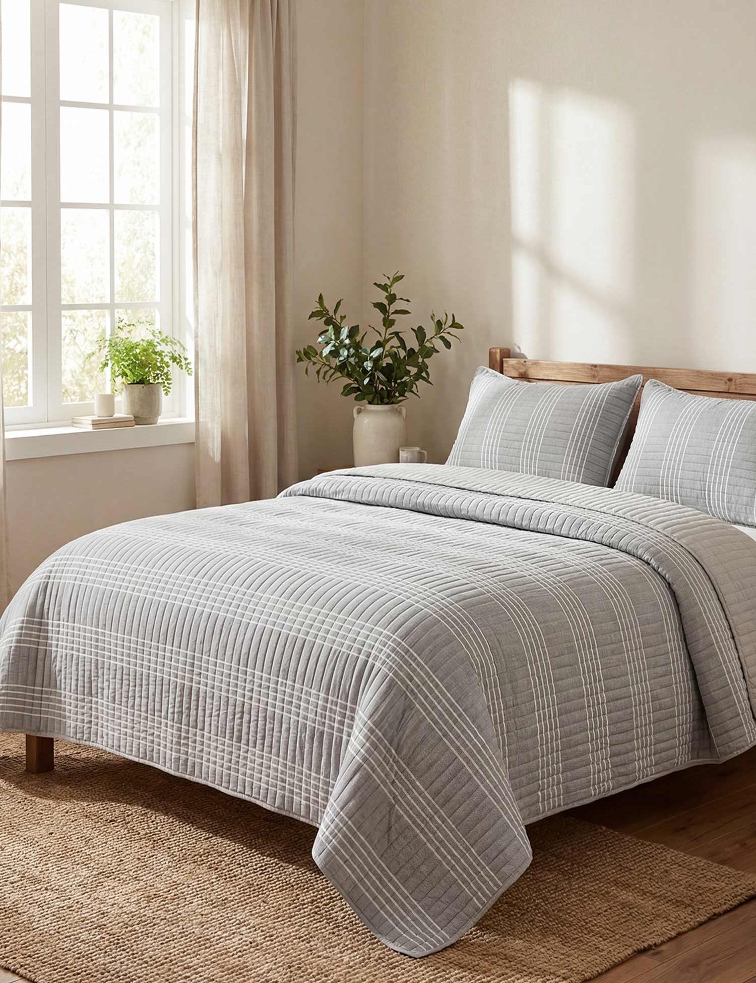 Minimalist Grey Stripe Quilted 3‑Piece Bedding Set