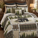 Black Bear Pine Forest Patchwork Quilted 3-Piece Bedding Set