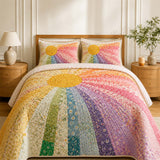 H.PAI Rainbow Sunburst Quilted 3-Piece Bedding Set – Bohemian Vintage Quilted Bedding With Matching Pillow Shams