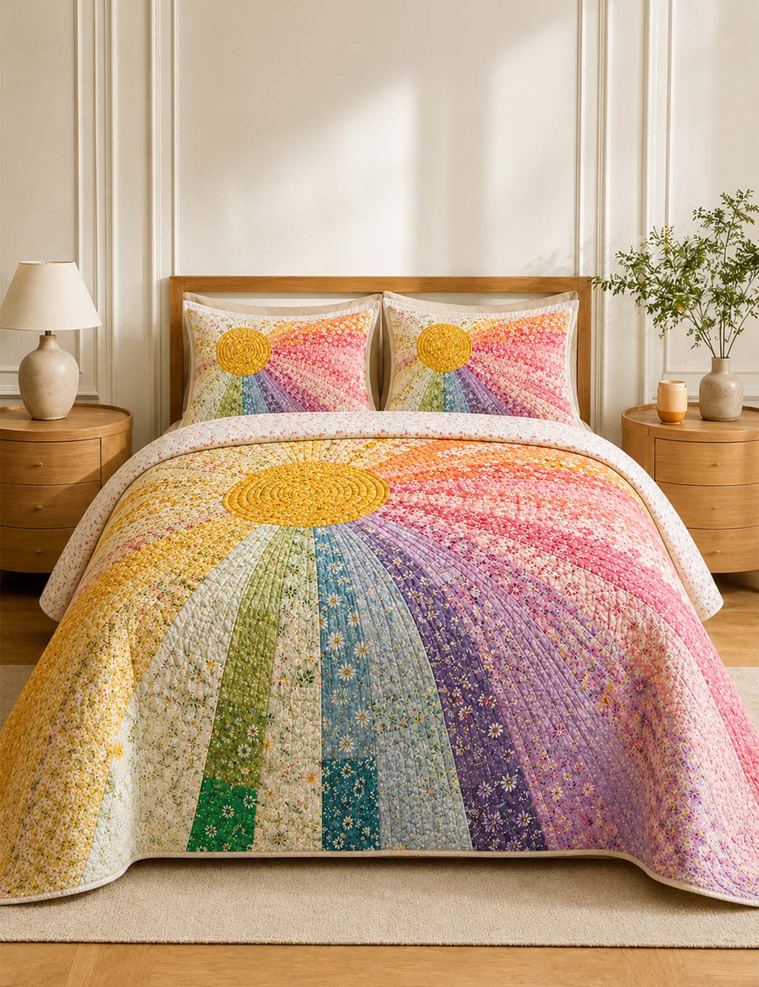 H.PAI Rainbow Sunburst Quilted 3-Piece Bedding Set – Bohemian Vintage Quilted Bedding With Matching Pillow Shams