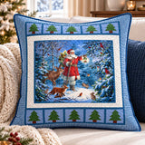 Santa's Winter Woodland Blue Gingham Quilted Pillow Cover