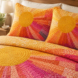 H.PAI Rainbow Sunburst Quilted 3-Piece Bedding Set – Bohemian Vintage Quilted Bedding With Matching Pillow Shams