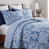 Coastal Boho Blue Portuguese Tile Print Quilted 3‑Piece Bedding Set