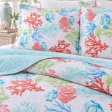 Coastal Coral & Seashell Reversible 100% Cotton Quilted 3-Piece Bedding Set