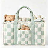 Modern Sage Green Checkerboard Nursery Storage Caddy - Cute Portable Diaper Basket