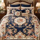 Vintage Navy Blue Floral Baroque Quilted 3-Piece Bedding Set