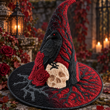 Crimson Raven Skull Rose Gothic Handcrafted Quilted Witch Hat