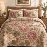 H.PAI Dark Botanical Floral Quilted 3-Piece Bedding Set