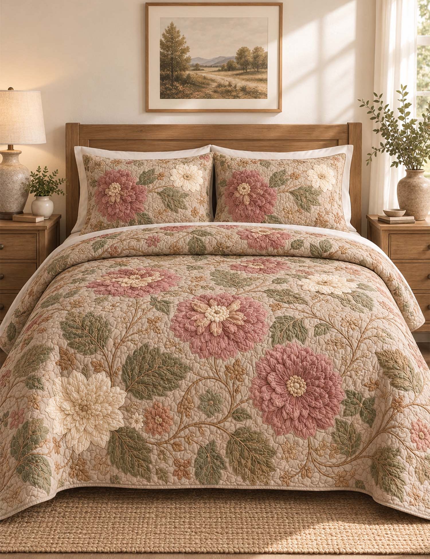 H.PAI Dark Botanical Floral Quilted 3-Piece Bedding Set