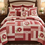 Red Rose Country Patchwork Quilted 3-Piece Bedding Set