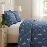H.PAI Blue Floral Diamond Quilted 3-Piece Bedding Set