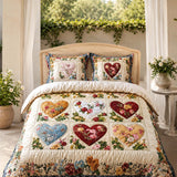 H.PAI Vintage Heart Floral Quilted 3-Piece Bedding Set – Luxury Quilted Bedding with Matching Pillow Shams