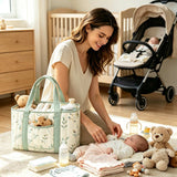 Quilted Sage Leaf Botanical Baby Diaper Caddy Organizer - Portable Nursery Storage Basket & Handheld Tote Bag for Baby Essentials