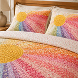 H.PAI Rainbow Sunburst Quilted 3-Piece Bedding Set – Bohemian Vintage Quilted Bedding With Matching Pillow Shams